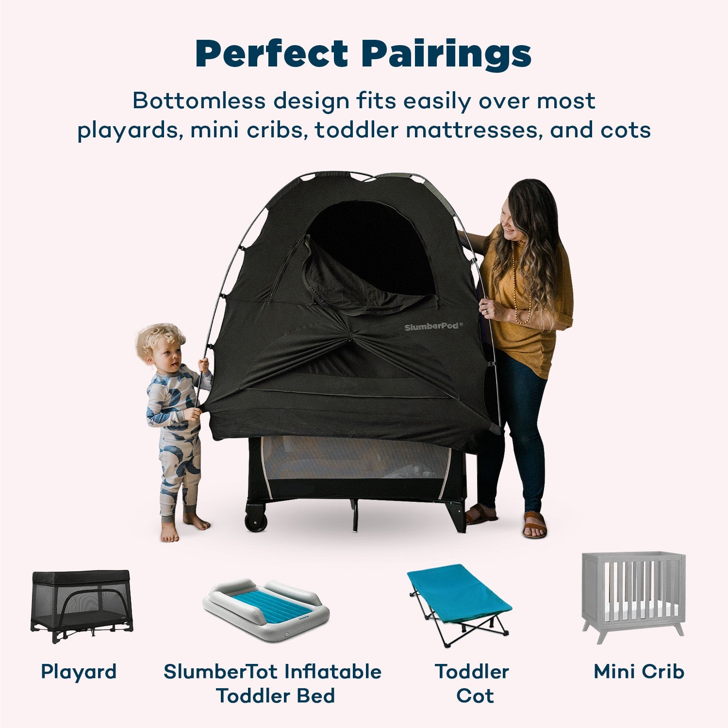 A marketing graphic titled 'Perfect Pairings' showing a woman and a young child placing a black SlumberPod privacy tent over a mesh playard. Text explains that the bottomless design fits easily over most playards, mini cribs, toddler mattresses, and cots. Icons at the bottom represent compatible items: a playard, a SlumberTot inflatable toddler bed, a folding toddler cot, and a mini crib.