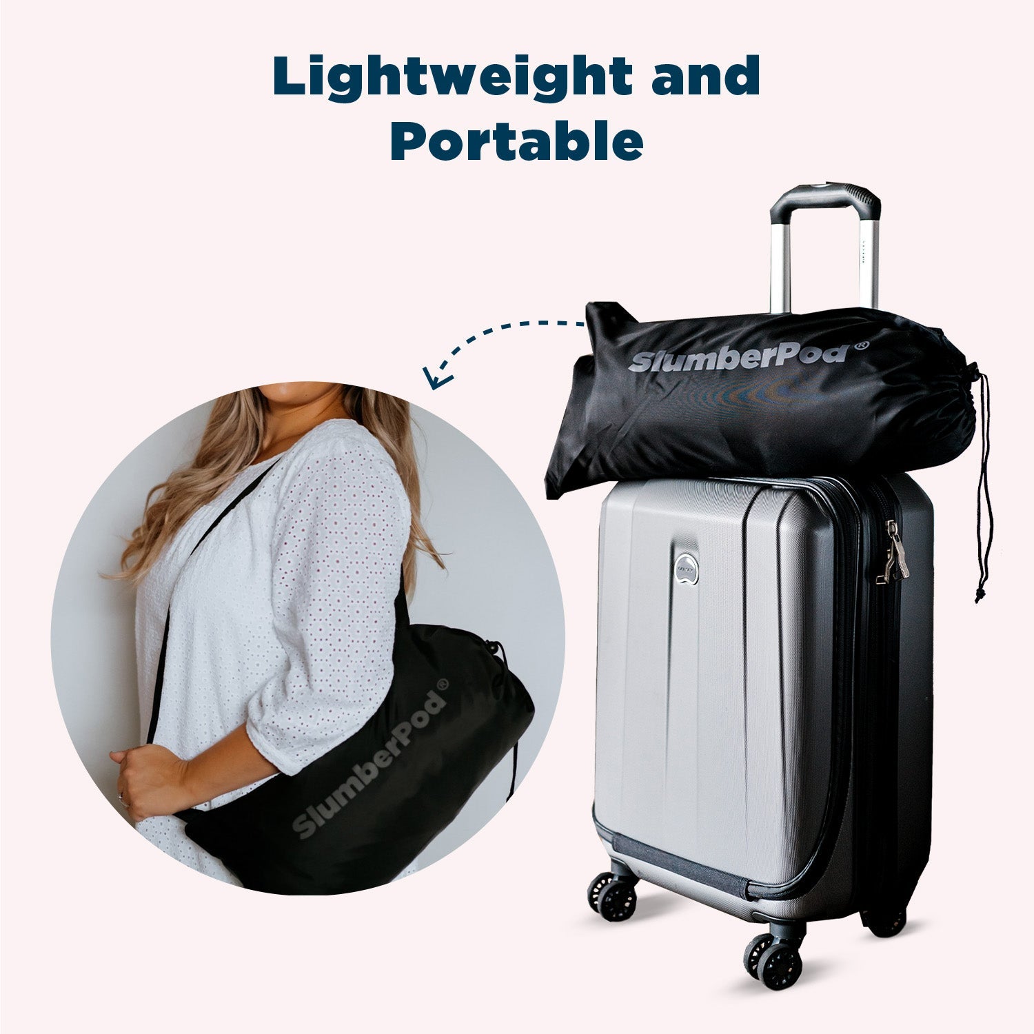 A marketing graphic titled 'Lightweight and Portable' demonstrating travel options for the SlumberPod. The main image shows a black SlumberPod carrying bag resting securely on top of a silver hardshell carry-on suitcase. A circular inset on the left shows a woman carrying the same black bag over her shoulder using its integrated strap, highlighting its compact size.