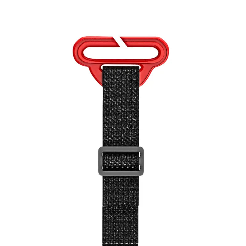 Black strap with red clip on a white background