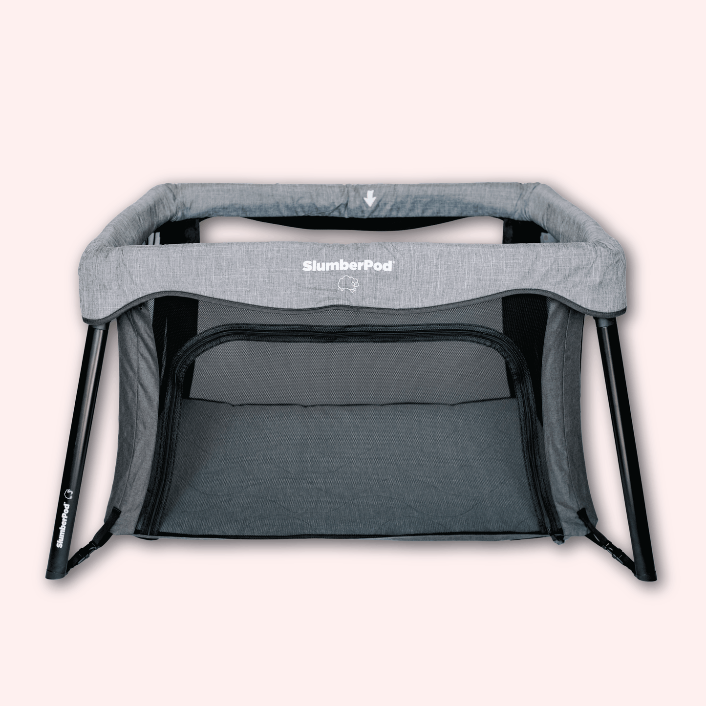 Gray SlumberPod baby crib on a white background