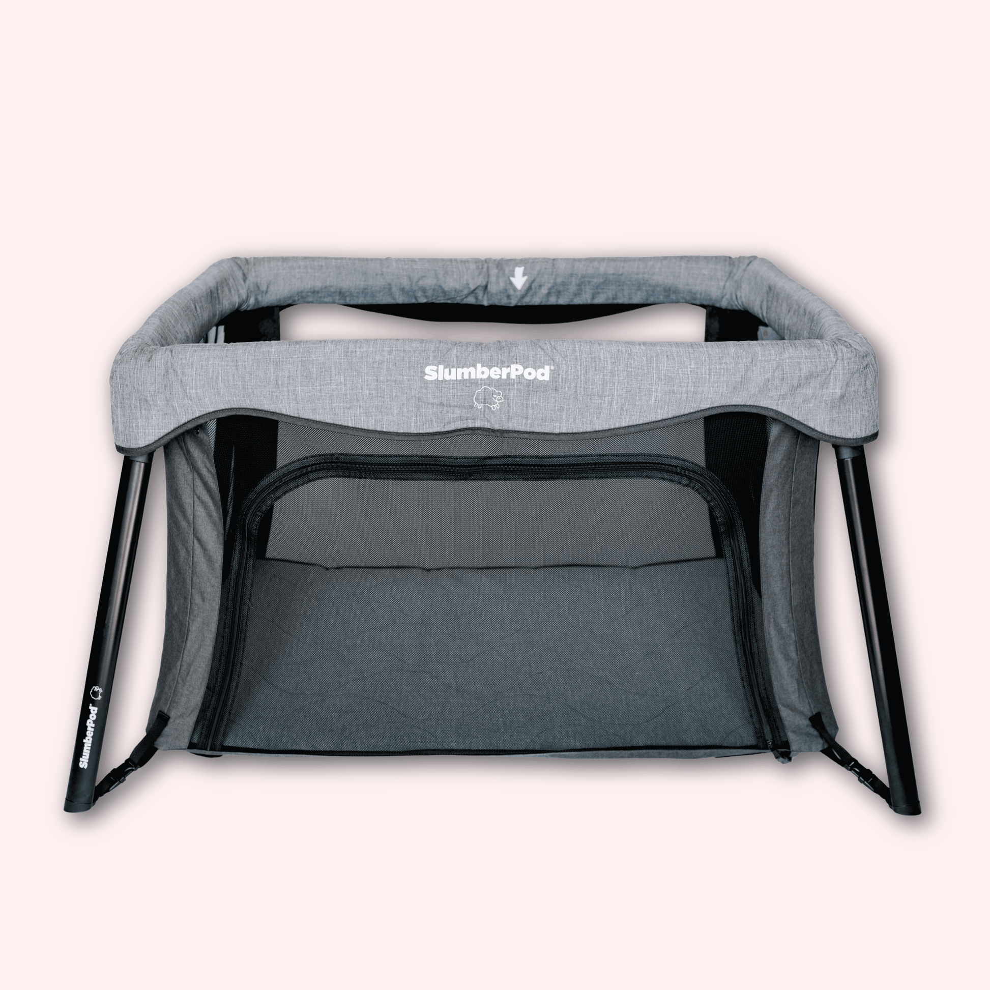 Gray SlumberPod baby crib on a white background