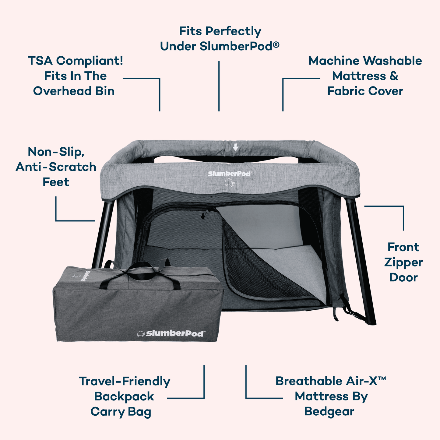 SlumberPod travel crib with features listed on a white background