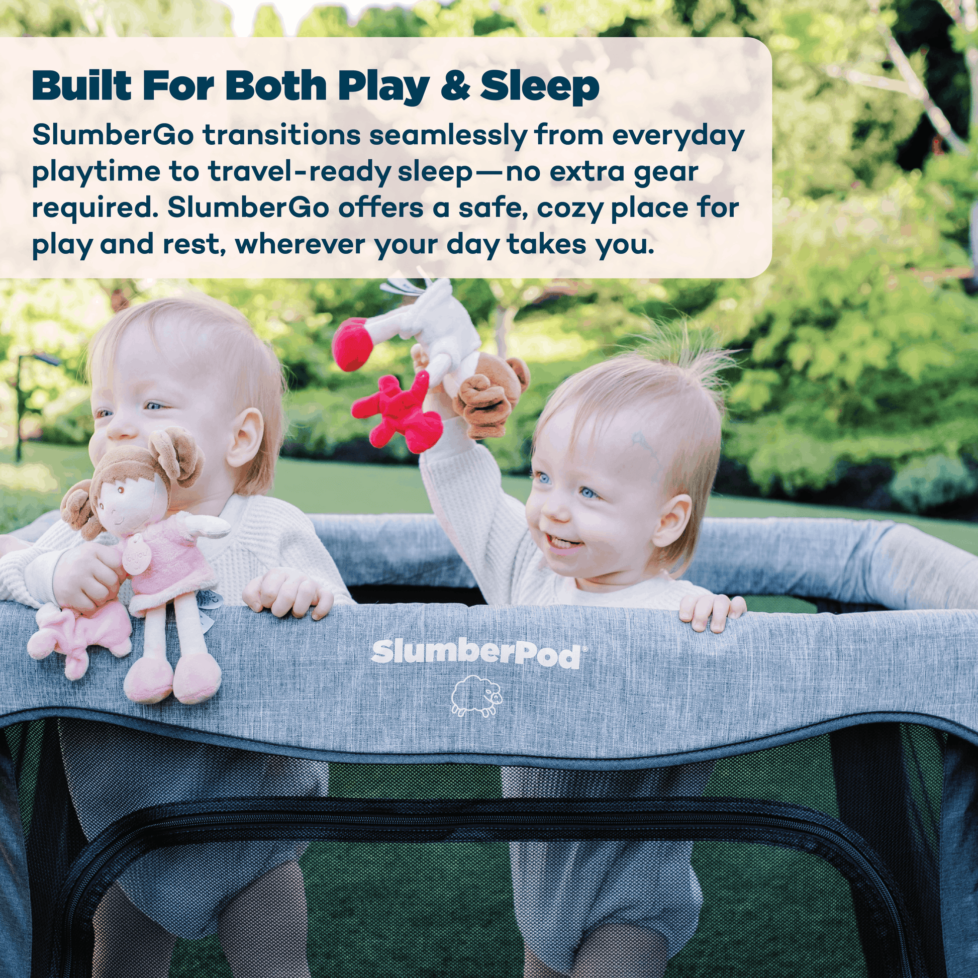 Two children playing in a SlumberPod with text about its use for play and sleep.