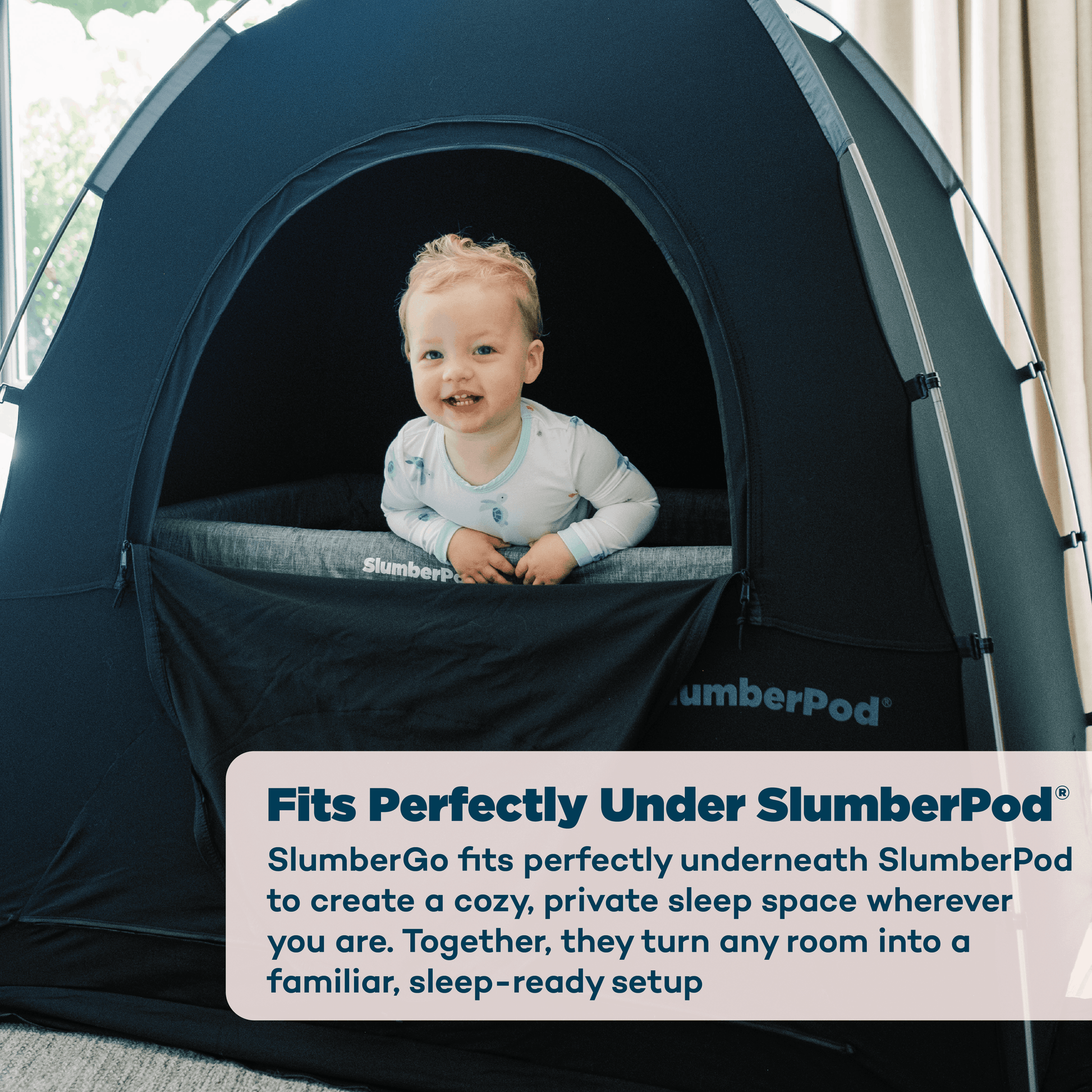 Child inside a SlumberPod with promotional text about the product.