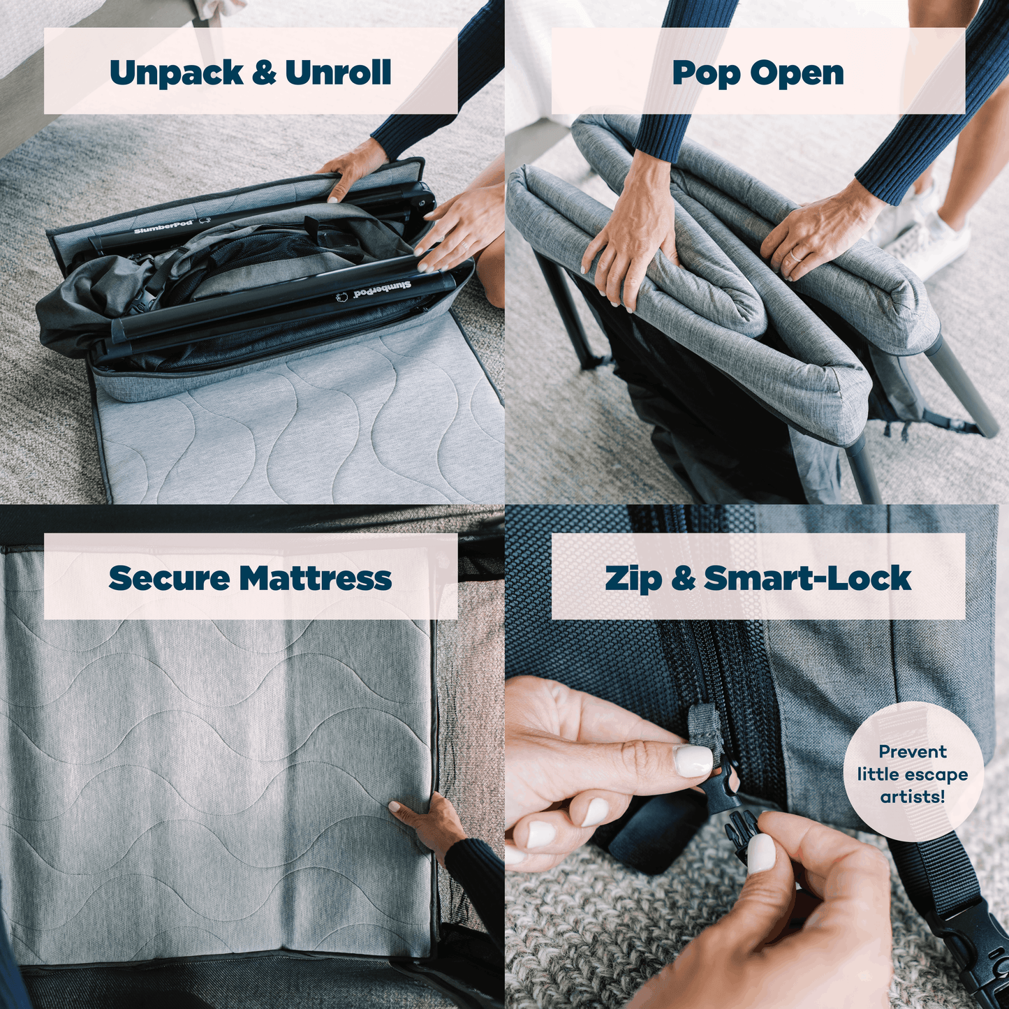 Step-by-step guide on how to set up a portable mattress with text labels.