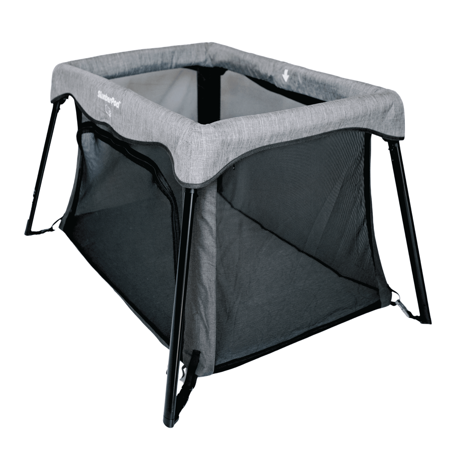 Portable baby crib with gray top and black bottom on a white background