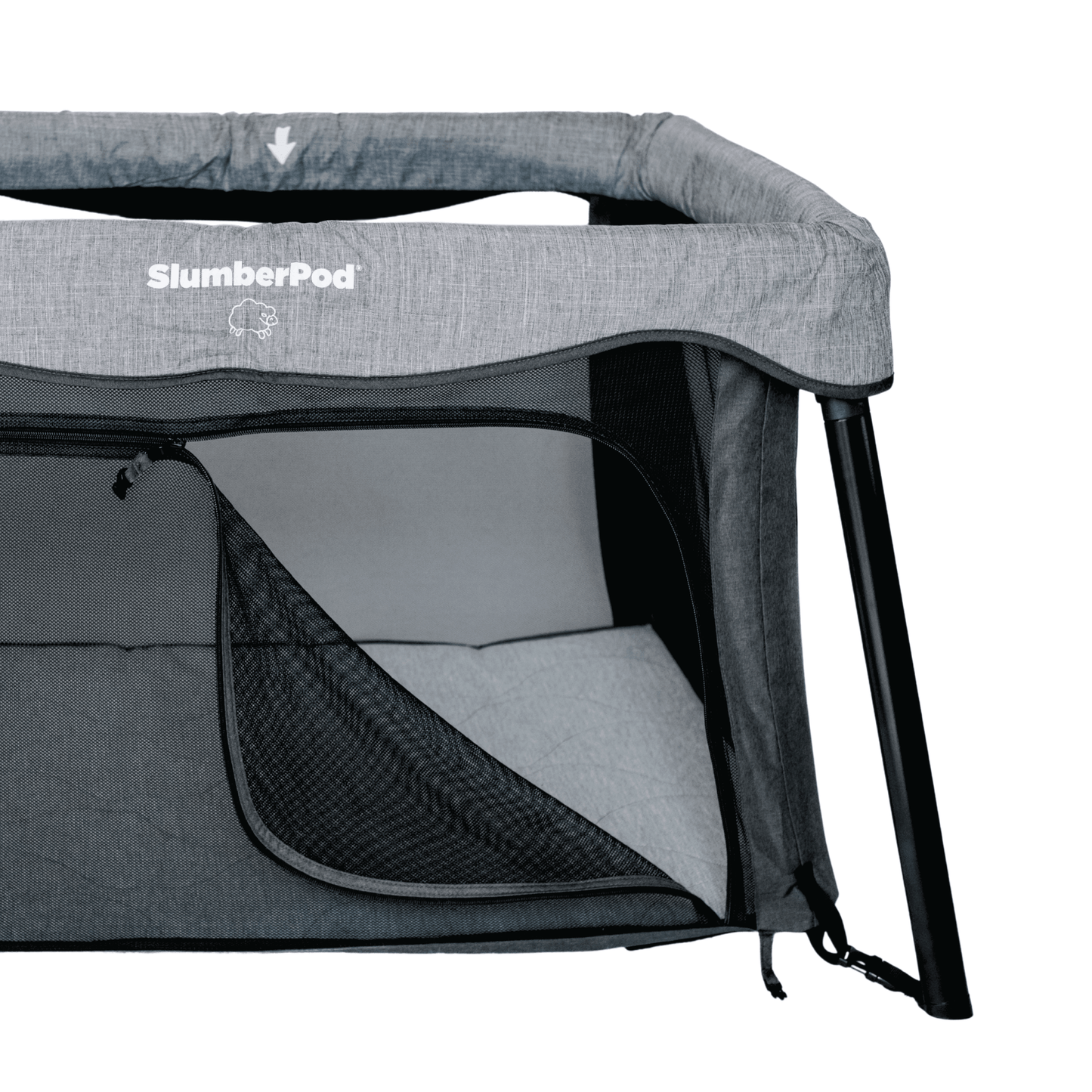 Gray SlumberPod baby crib on a white background