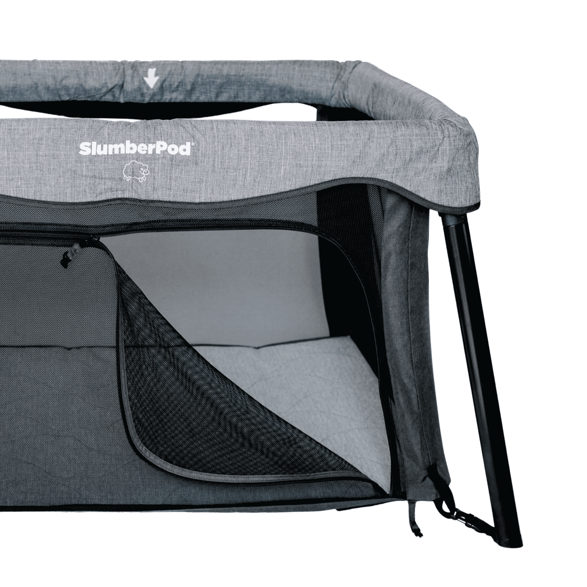 Gray SlumberPod baby crib on a white background