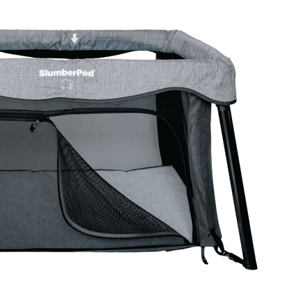Gray SlumberPod baby crib on a white background