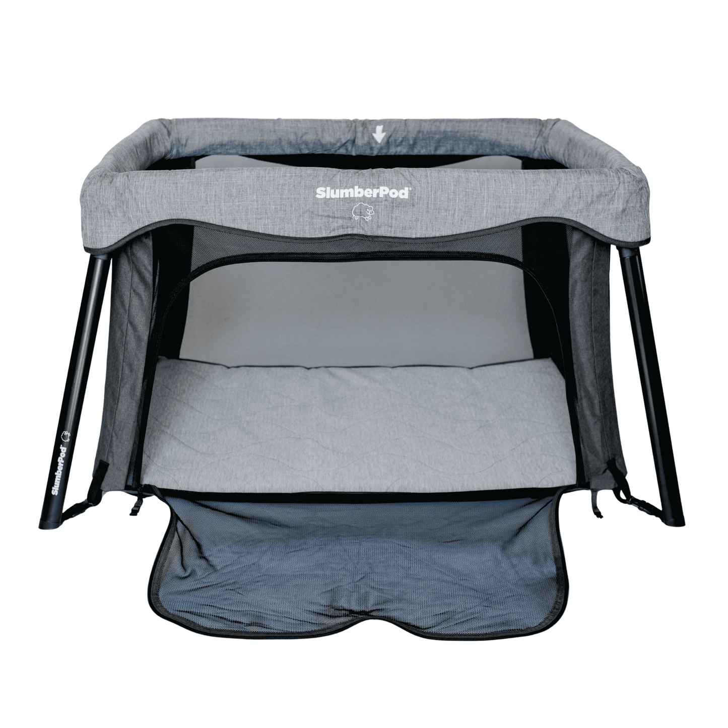 Gray SlumberPod travel crib on a white background
