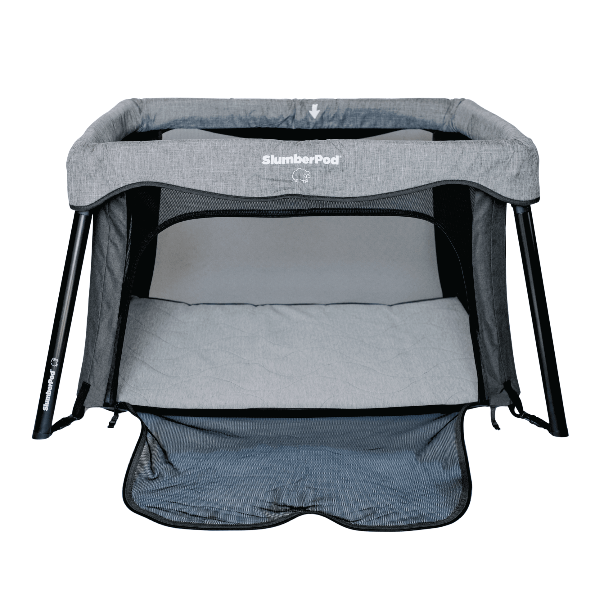 Gray SlumberPod travel crib on a white background