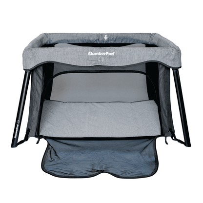 Gray SlumberPod travel crib on a white background