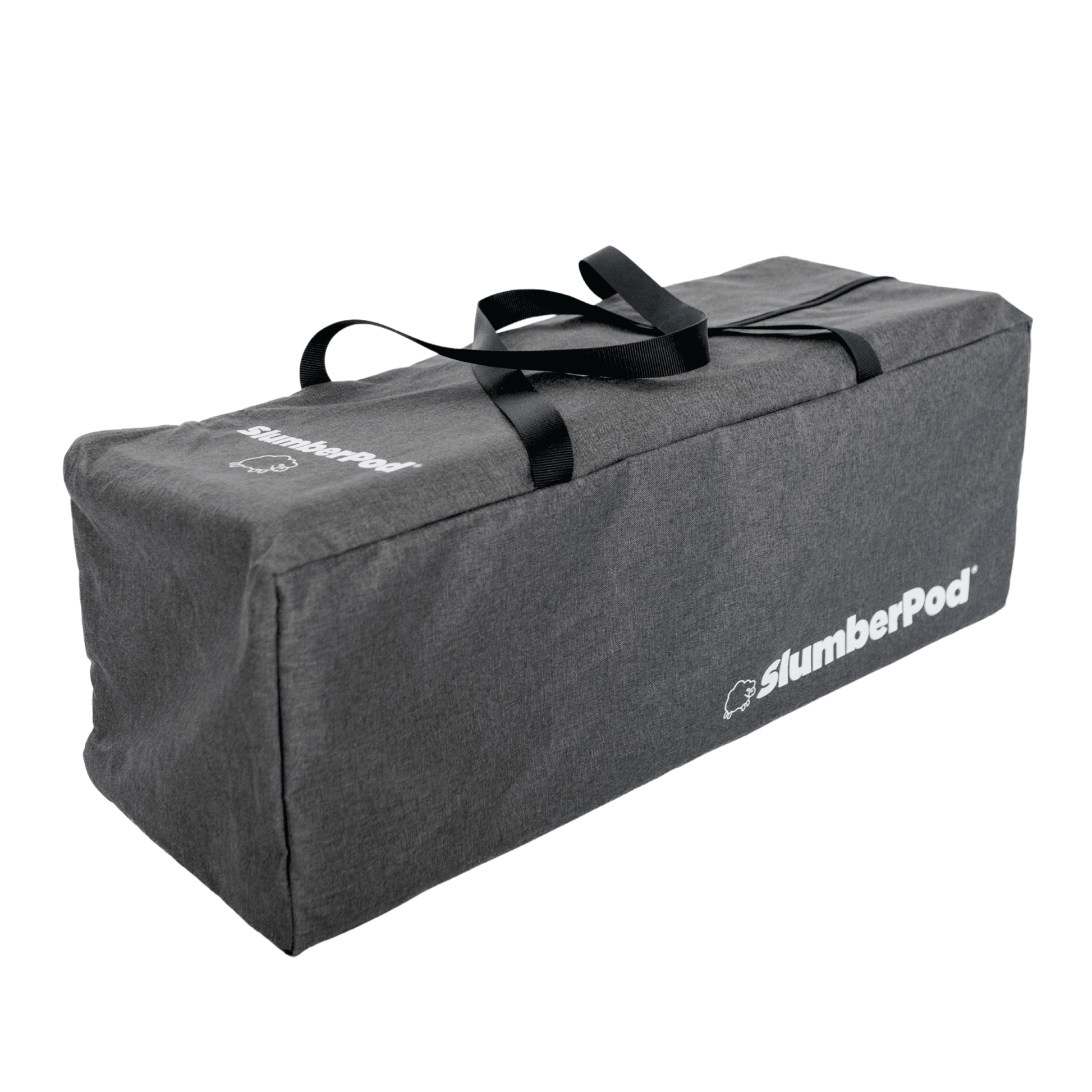 Gray carrying bag with black straps and 'SlumberPod' branding on a white background
