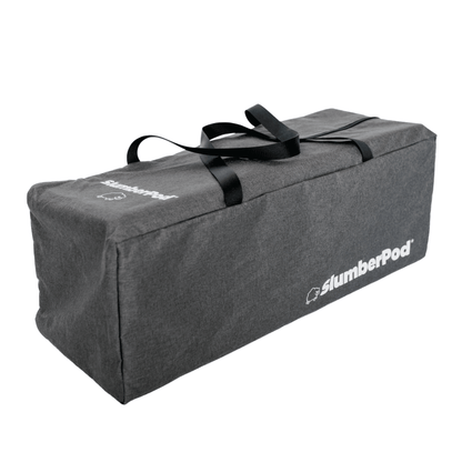 Gray carrying bag with black straps and 'SlumberPod' branding on a white background