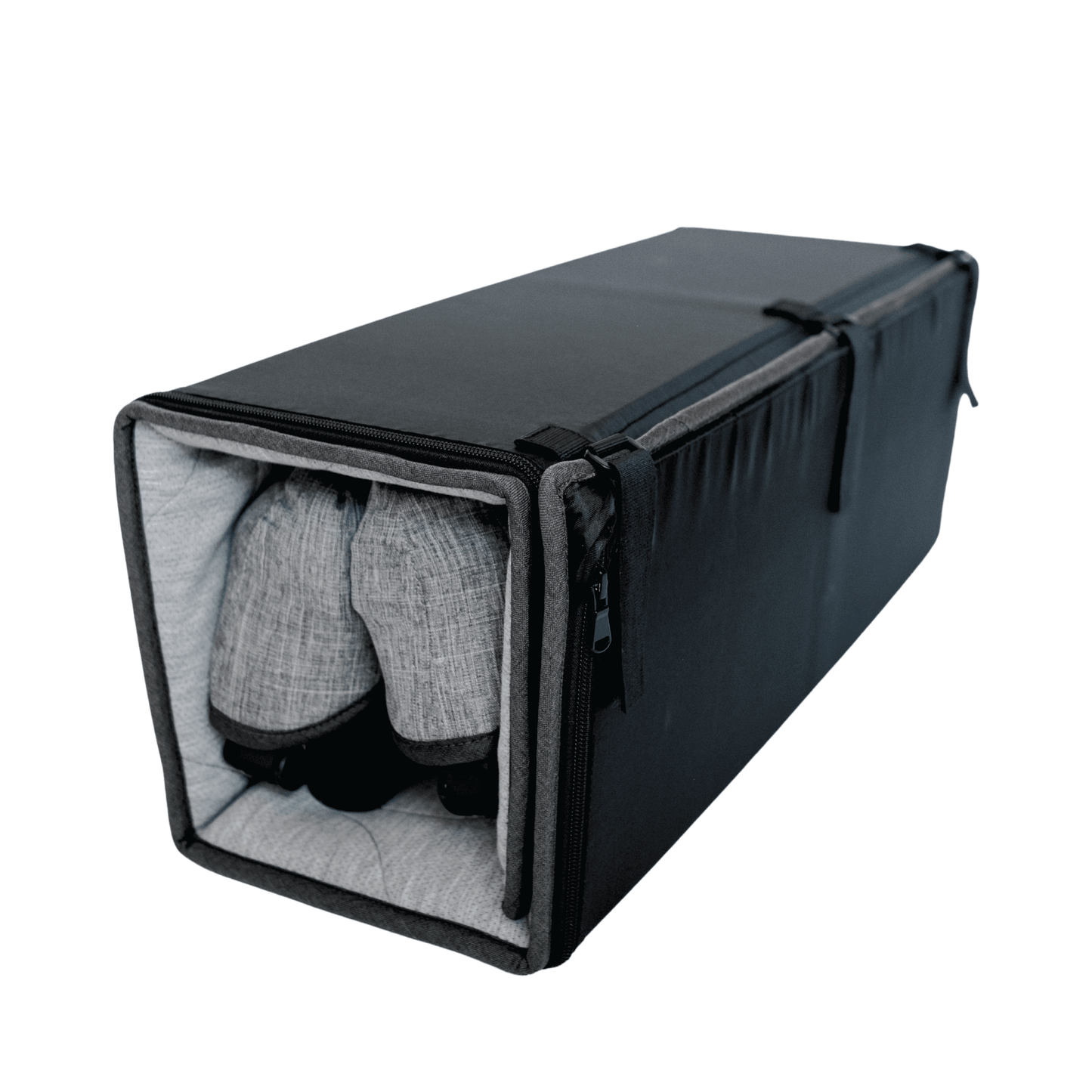 Black shoe storage bag with a gray interior containing a pair of shoes on a white background