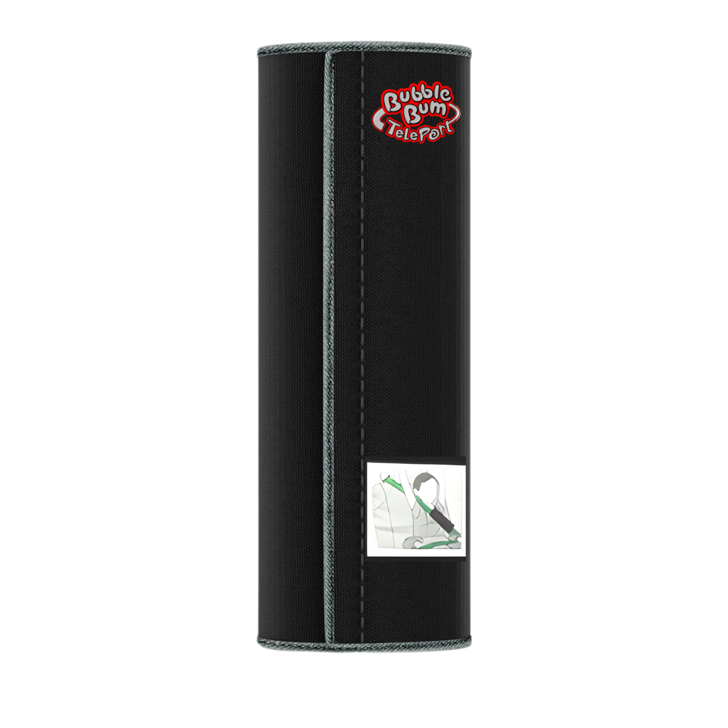 Black cylindrical product with 'Bubble Bum Teleport' branding on a white background