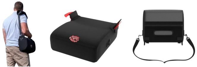 A three-part composite image showcasing a BubbleBum travel booster seat. On the left, a man carries the seat folded into its compact shoulder bag; in the center, the seat is shown fully inflated with red belt guides; on the right, the seat is viewed from above in its carrying case with the shoulder strap attached.
