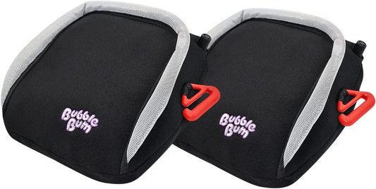 Two black BubbleBum inflatable car booster seats with red details and the brand logo visible on the side.