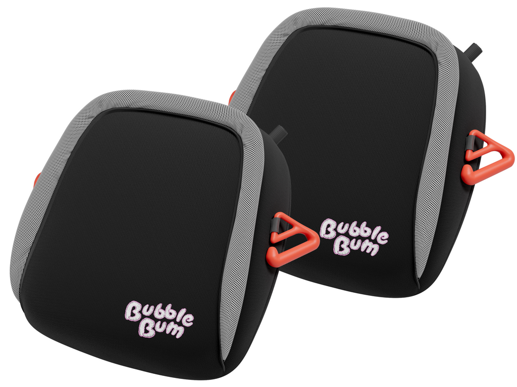 Two black and gray 'Bubble Gum' cushioned car seat protectors on a white background