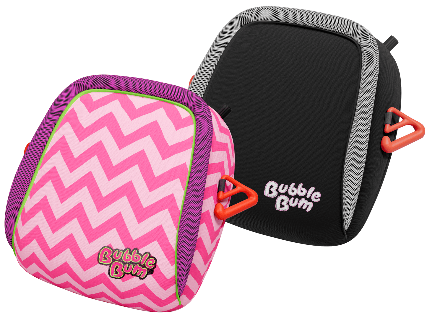Side-by-side view of two original BubbleBum inflatable booster seats. The front seat features a pink and white chevron pattern with green trim and a pink logo, while the back seat is solid black with grey trim and a purple logo.