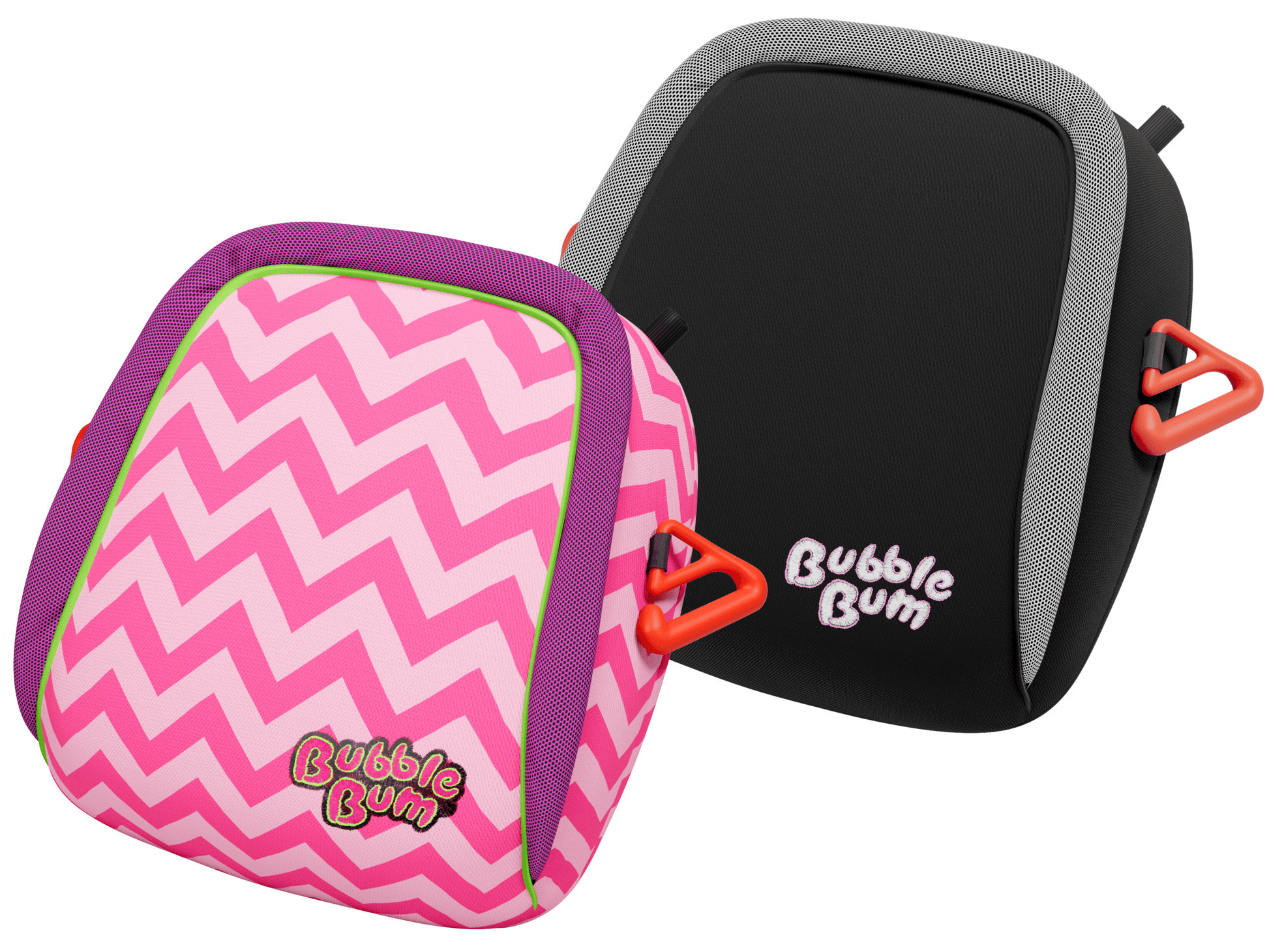 Side-by-side view of two original BubbleBum inflatable booster seats. The front seat features a pink and white chevron pattern with green trim and a pink logo, while the back seat is solid black with grey trim and a purple logo.