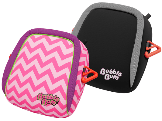 Side-by-side view of two original BubbleBum inflatable booster seats. The front seat features a pink and white chevron pattern with green trim and a pink logo, while the back seat is solid black with grey trim and a purple logo.