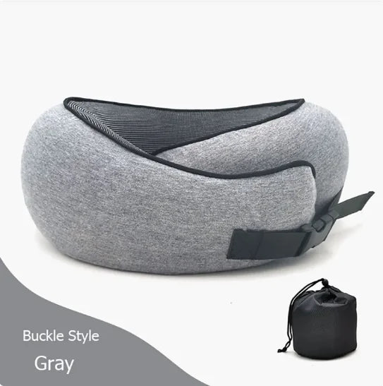 Dark grey Velcro travel neck pillow with a waterproof storage bag.