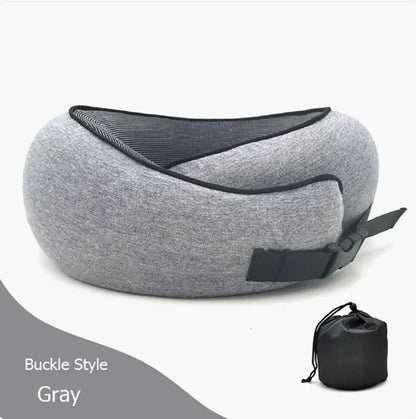 Dark grey Velcro travel neck pillow with a waterproof storage bag.