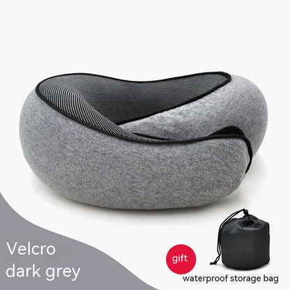 Dark grey Velcro travel neck pillow with a waterproof storage bag.