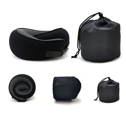 Black memory foam travel pillow with storage bag, showing how the flexible design compresses into a small cylinder for easy portability.
