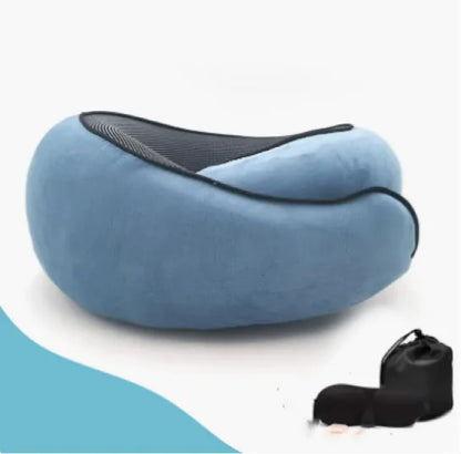 Light blue travel neck pillow set with storage bag and eye mask.