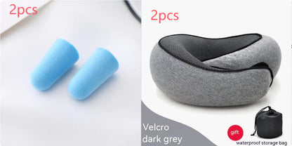 Dark grey Velcro travel pillow set with blue earplugs and storage bag.