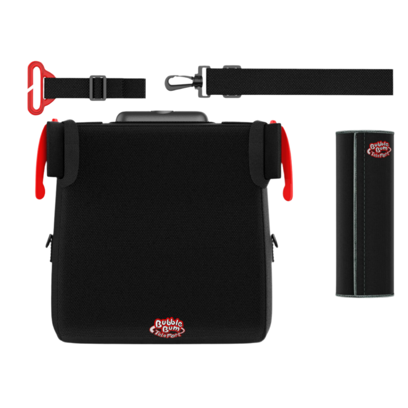A black BubbleBum TelePort folding booster seat kit, including two red side-belt guides, an adjustable black shoulder strap with a red clip, and a matching black cylindrical carrying case.