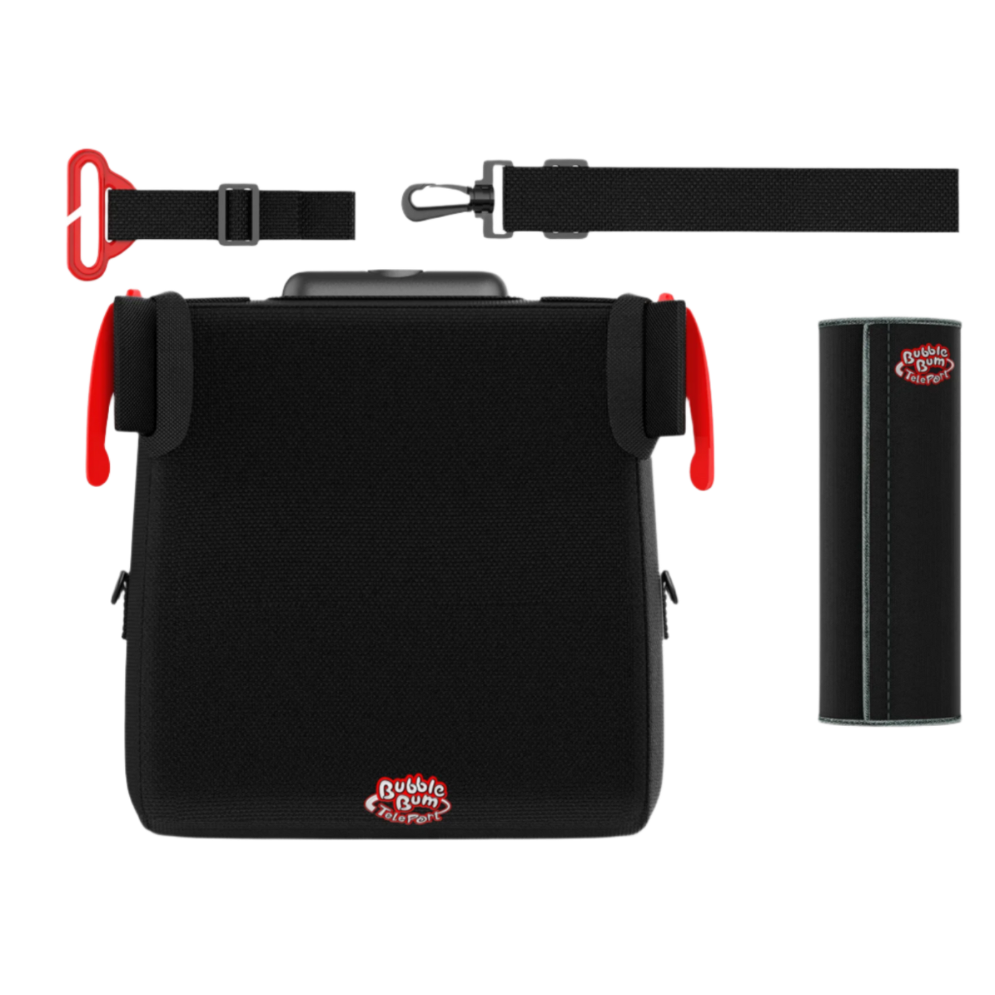 A black BubbleBum TelePort folding booster seat kit, including two red side-belt guides, an adjustable black shoulder strap with a red clip, and a matching black cylindrical carrying case.