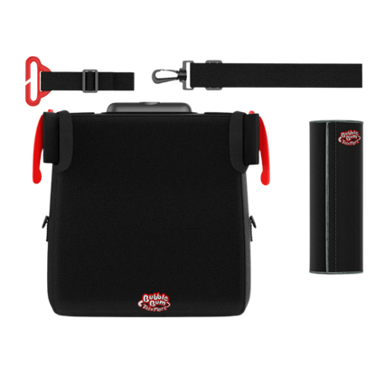 A black BubbleBum TelePort folding booster seat kit, including two red side-belt guides, an adjustable black shoulder strap with a red clip, and a matching black cylindrical carrying case.