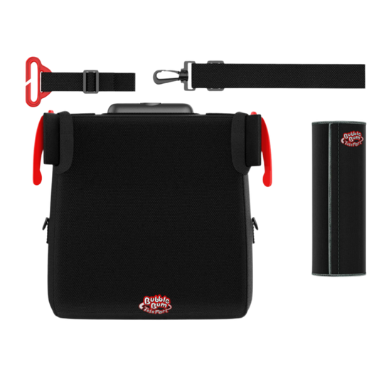 A black BubbleBum TelePort folding booster seat kit, including two red side-belt guides, an adjustable black shoulder strap with a red clip, and a matching black cylindrical carrying case.