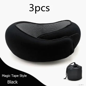 Black buckle-style travel neck pillow with storage bag.