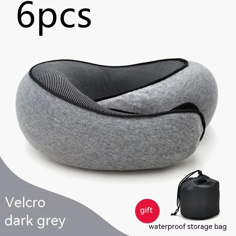 Dark grey Velcro travel neck pillow with a waterproof storage bag.