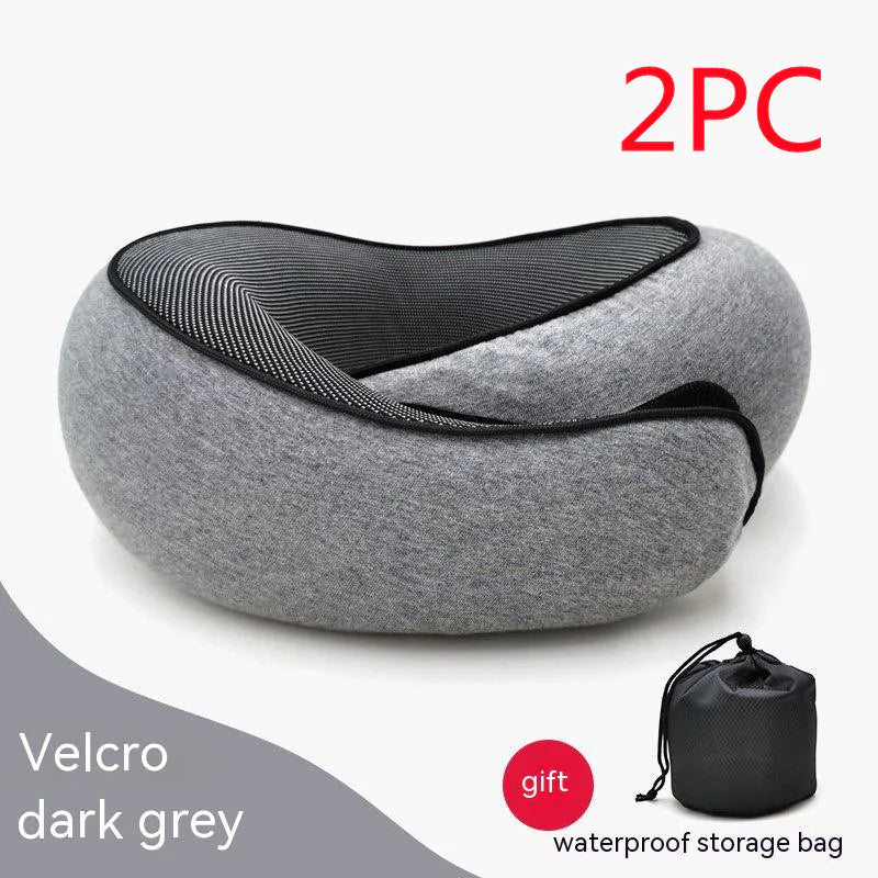 Dark grey Velcro travel neck pillow with a waterproof storage bag.